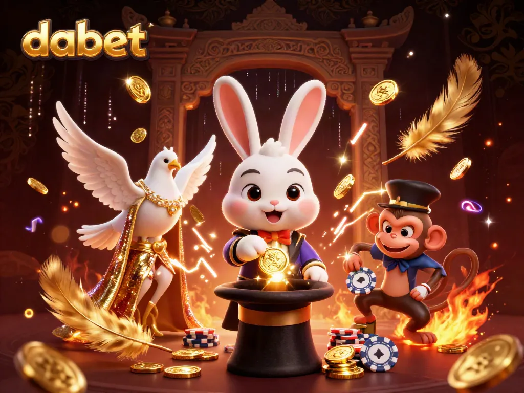 Experience thrilling wins with DABET’s magical gaming atmosphere, featuring cartoon characters in a vibrant casino scene.