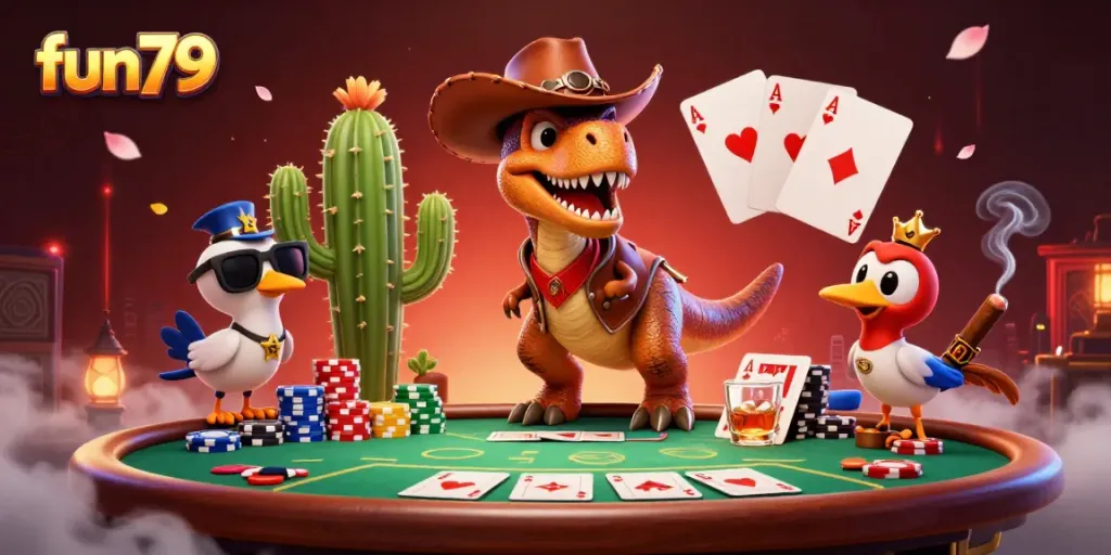 Experience the fun79 gaming adventure with T-Rex players winning at the poker table