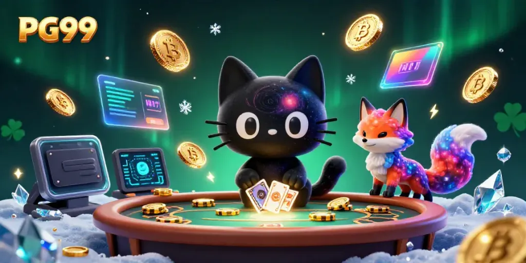 Engage with PG99’s cosmic gambling world featuring a black hole cat captivating golden chips and crypto elements.
