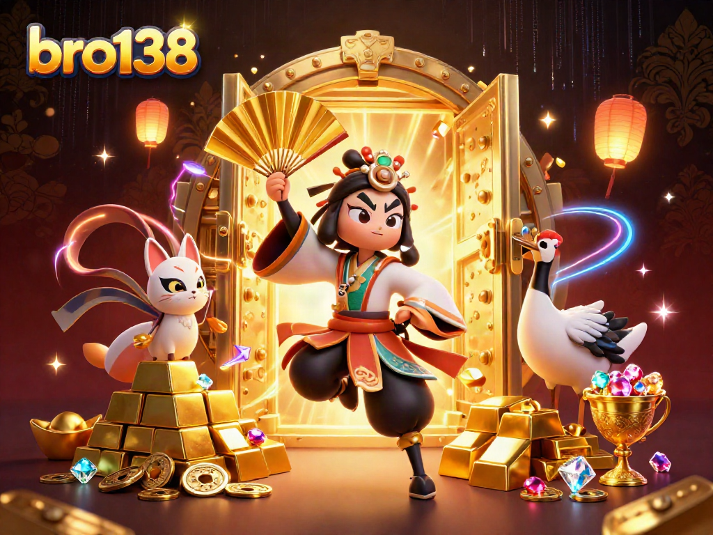 Experience the excitement of bro138 with a lively 3D casino illustration featuring vibrant characters and treasure.
