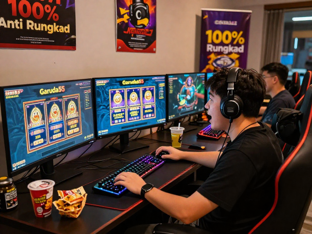 Online gaming enthusiast at vibrant Garuda55 setup showcasing 100% Anti Rungkad slot games.