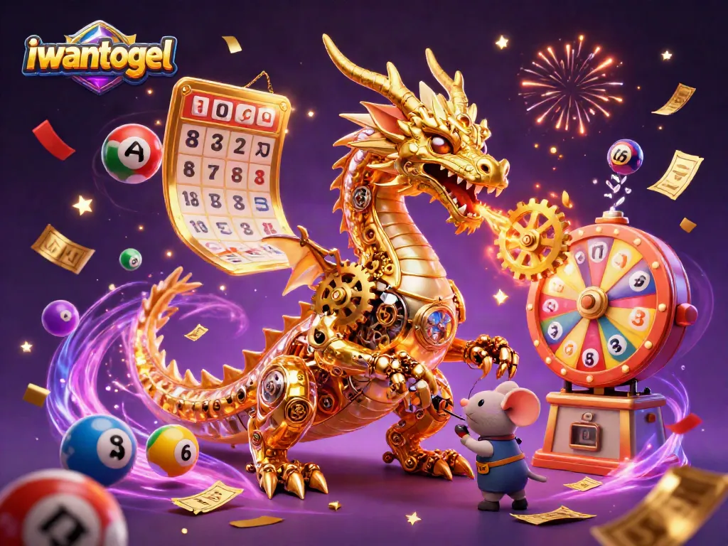 Experience the excitement of iwantogel with vibrant lottery balls and a golden dragon illustration.