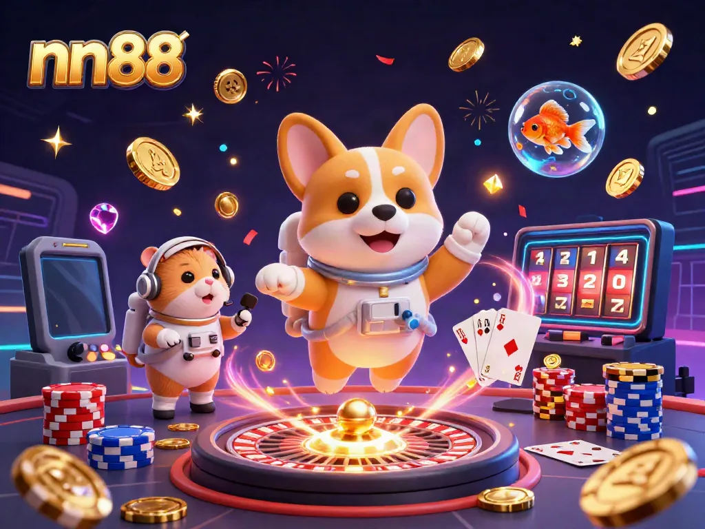 Experience exciting gaming with nn88 in this vibrant cosmic casino scene featuring playful characters and captivating elements.