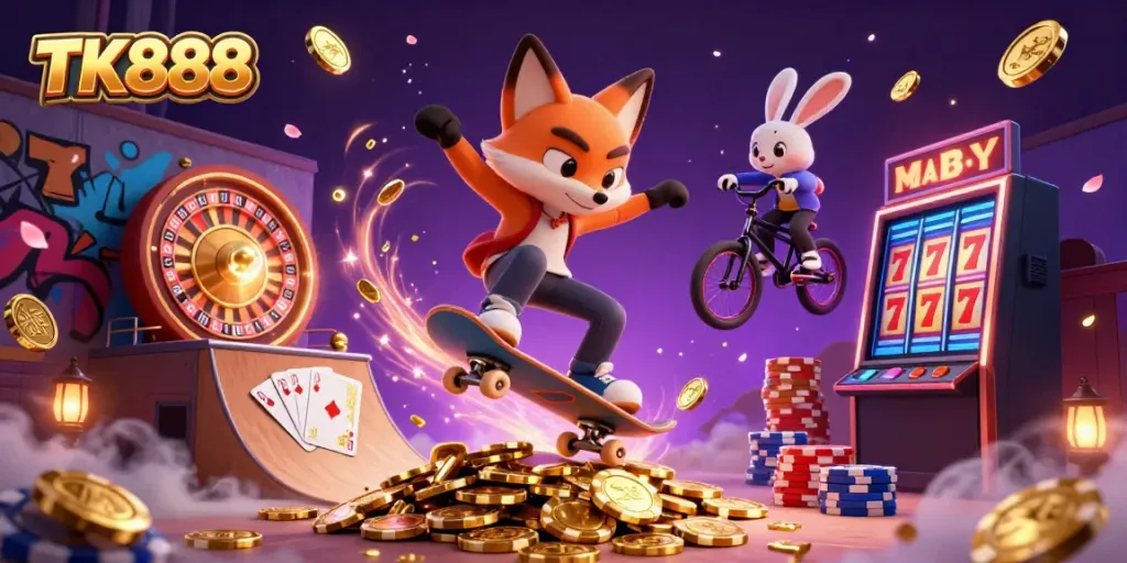 Engage with TK888's thrilling atmosphere as a skateboarder fox executes tricks over golden poker chips, surrounded by casino excitement.