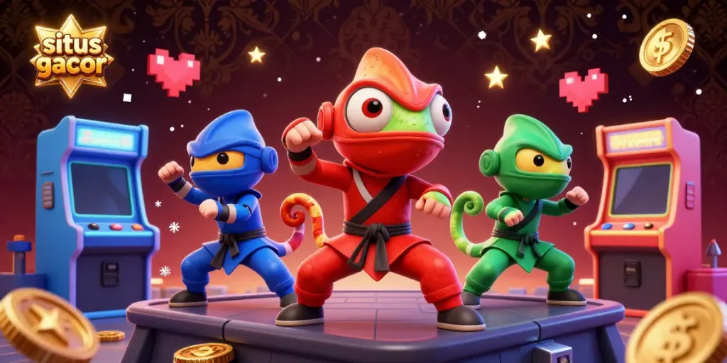 Aksi menarik ninja chameleon di rooftop dengan tema situs gacor dan permainan kasino.