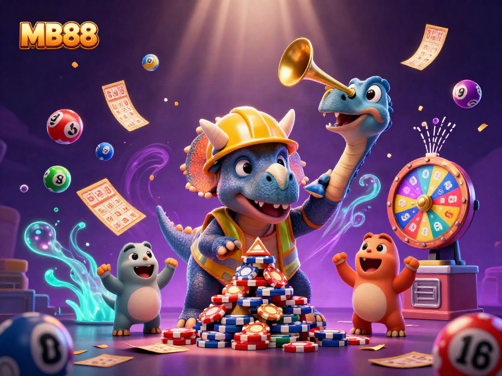 Engage in thrilling gameplay at MB88 with animated characters amidst vibrant casino elements.