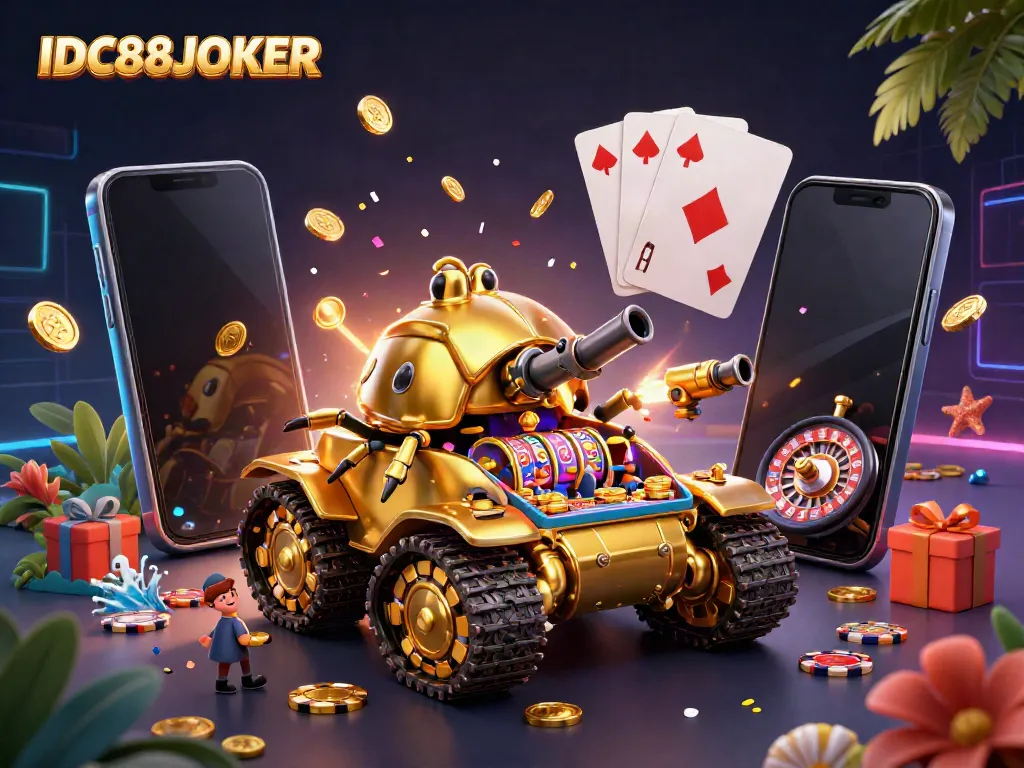 IDC88JOKER shows players engaging with a 3D cartoon casino inside a golden beetle tank, celebrating wins.
