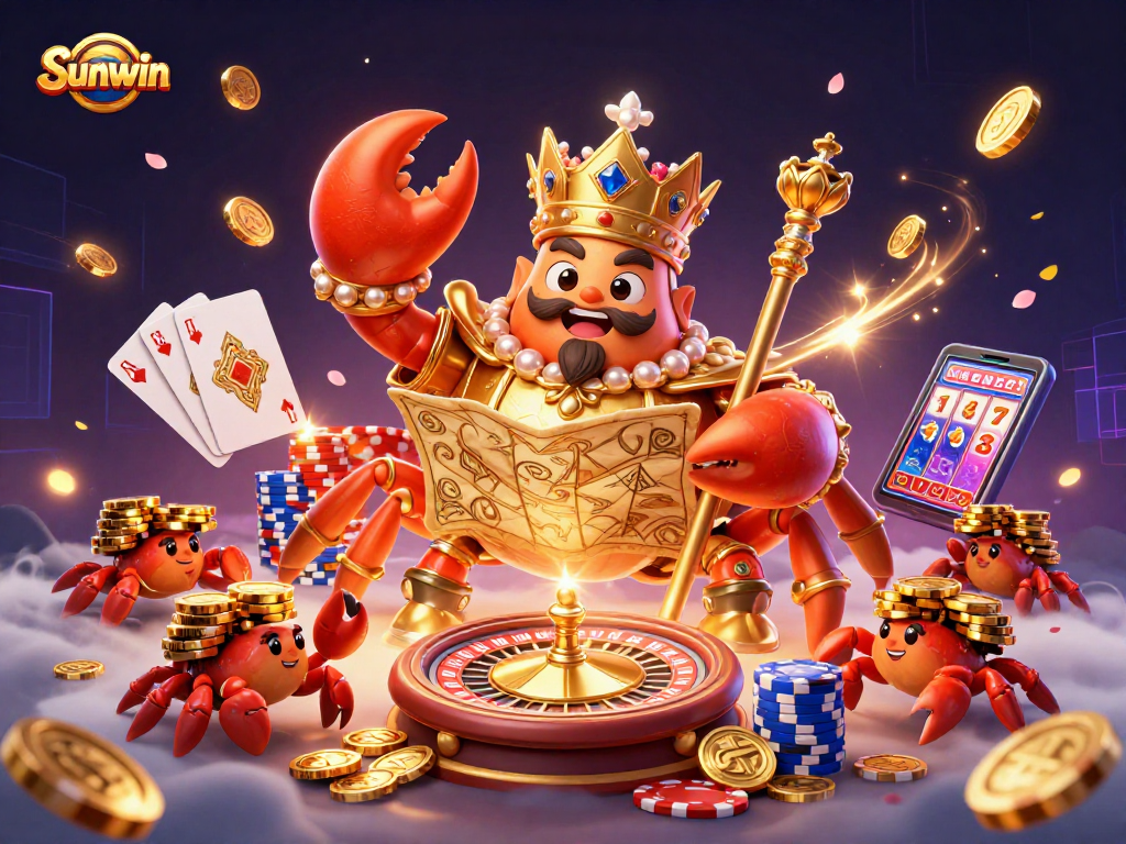 Win big at Sunwin with this vibrant illustration featuring a golden crab emperor in a bustling casino scene.