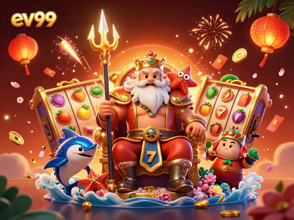 Spin the slots and win at ev99 with vibrant symbols and stunning visuals in this digital casino scene.