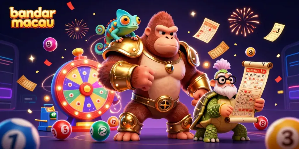 Visualisasi bandar toto macau dengan gorila raja dalam armor emas, chameleon, dan kura-kura bijak, dikelilingi bola lotere berwarna.