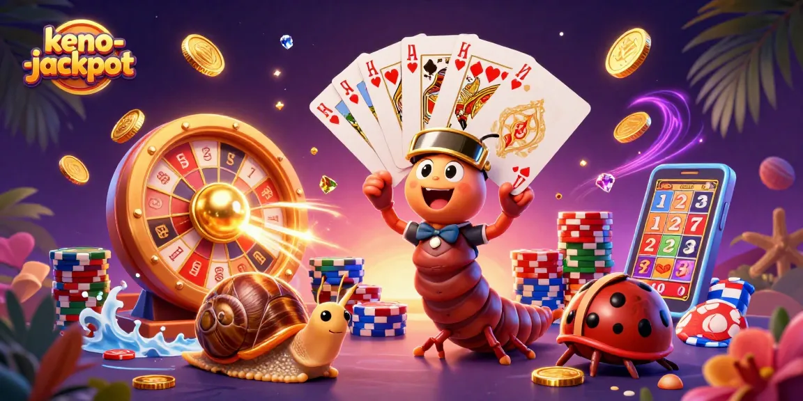 Engage with keno-jackpot excitement as a colorful 3D scene showcases animated gambling characters and elements.