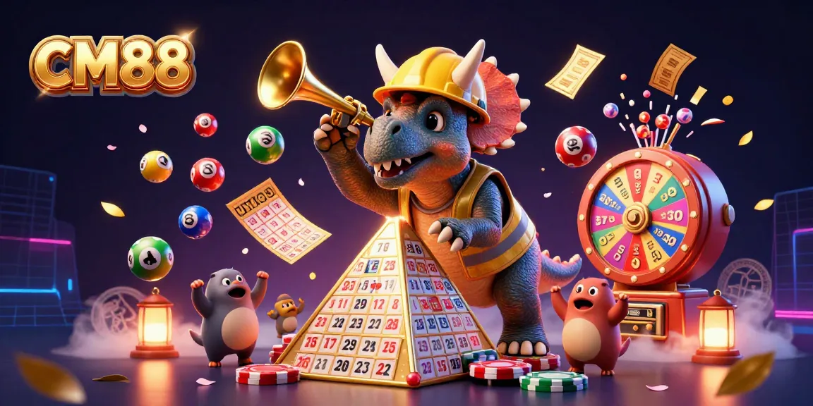 Experience excitement with CM88 as a triceratops builds poker chip towers in a vibrant celebration.