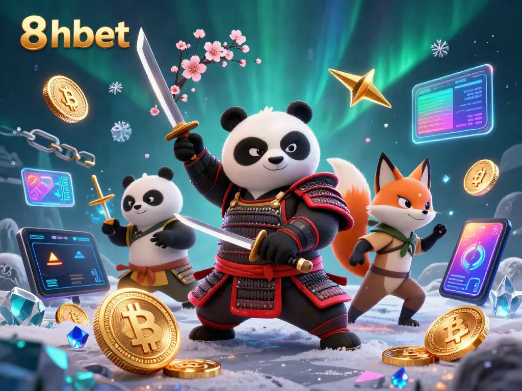 Experience the thrilling world of 8xbet with samurai panda, ninja fox, and magical tanuki amidst glowing crypto elements.