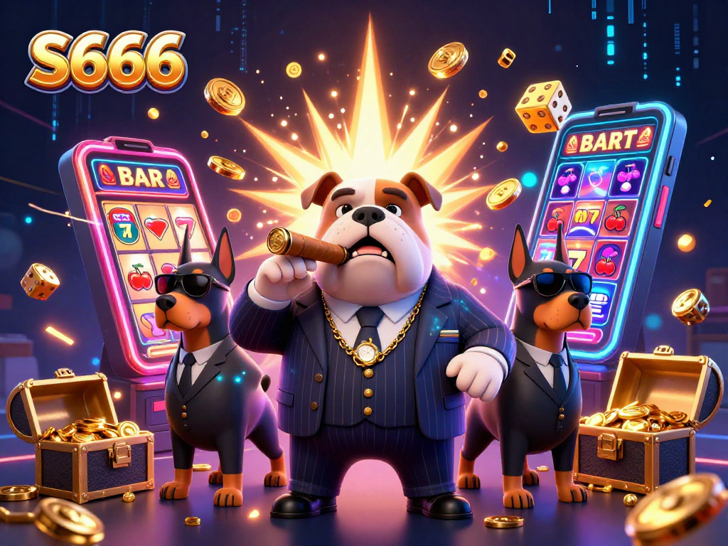 S666 players engage with vibrant slot machines and winning symbols in an exciting casino scene.