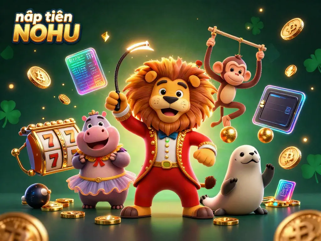 Engage in thrilling gameplay with nạp tiền NOHU as vibrant circus characters celebrate casino jackpots.