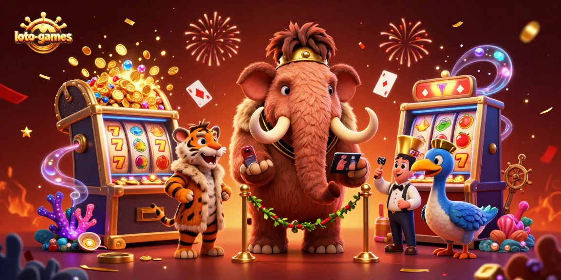 Loto-games brings a vibrant casino scene to life with a mammoth bouncer checking IDs amidst exciting slot machines and festive decorations.