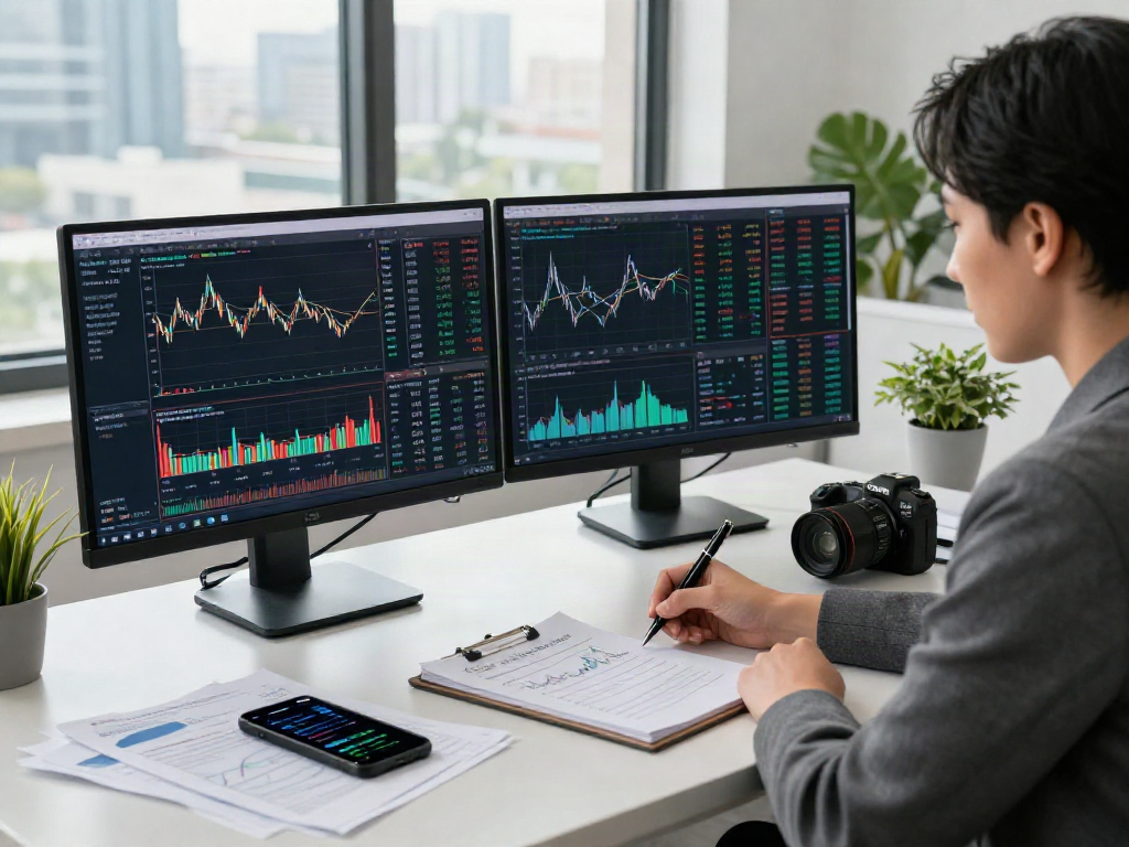 Professional financial advisor analyzing depo 10k strategies at a modern desk with city view