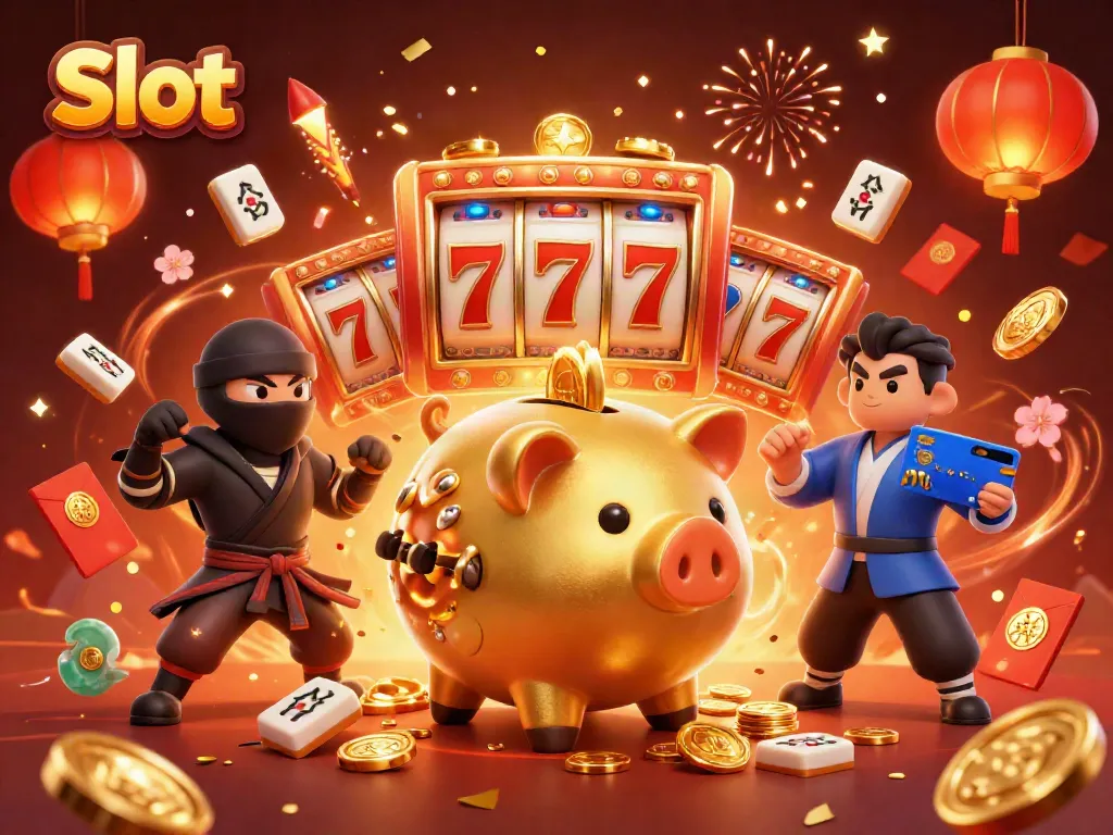 Pemain slot yang meriah dengan simbol jackpot dan koin emas bertebaran.