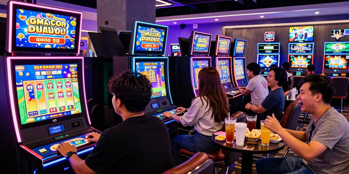 Exciting slot gacor 4d gaming scene with friends enjoying modern slot machines in a vibrant casino atmosphere.