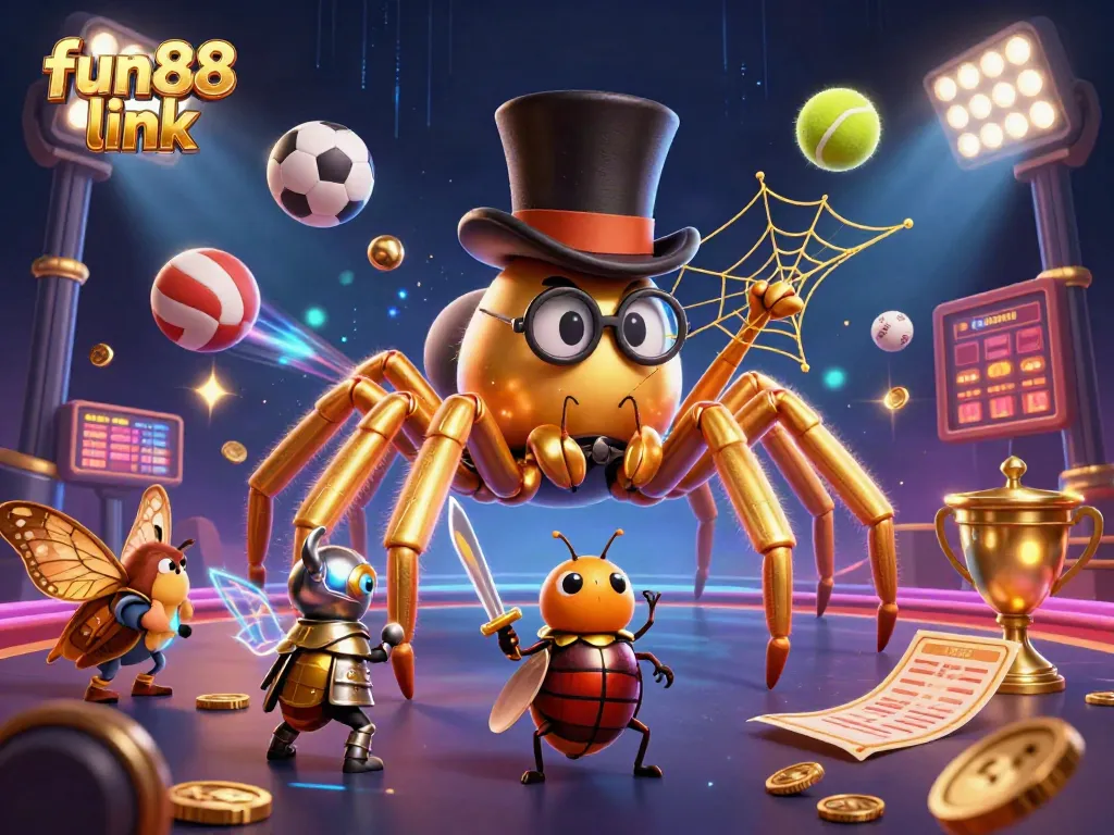 Engage with the fun88 link in an exciting 3D casino scene filled with vibrant sports elements.