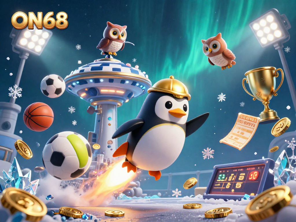 Experience the enticing world of ON68 as the golden penguin rockets toward a dazzling casino space station.