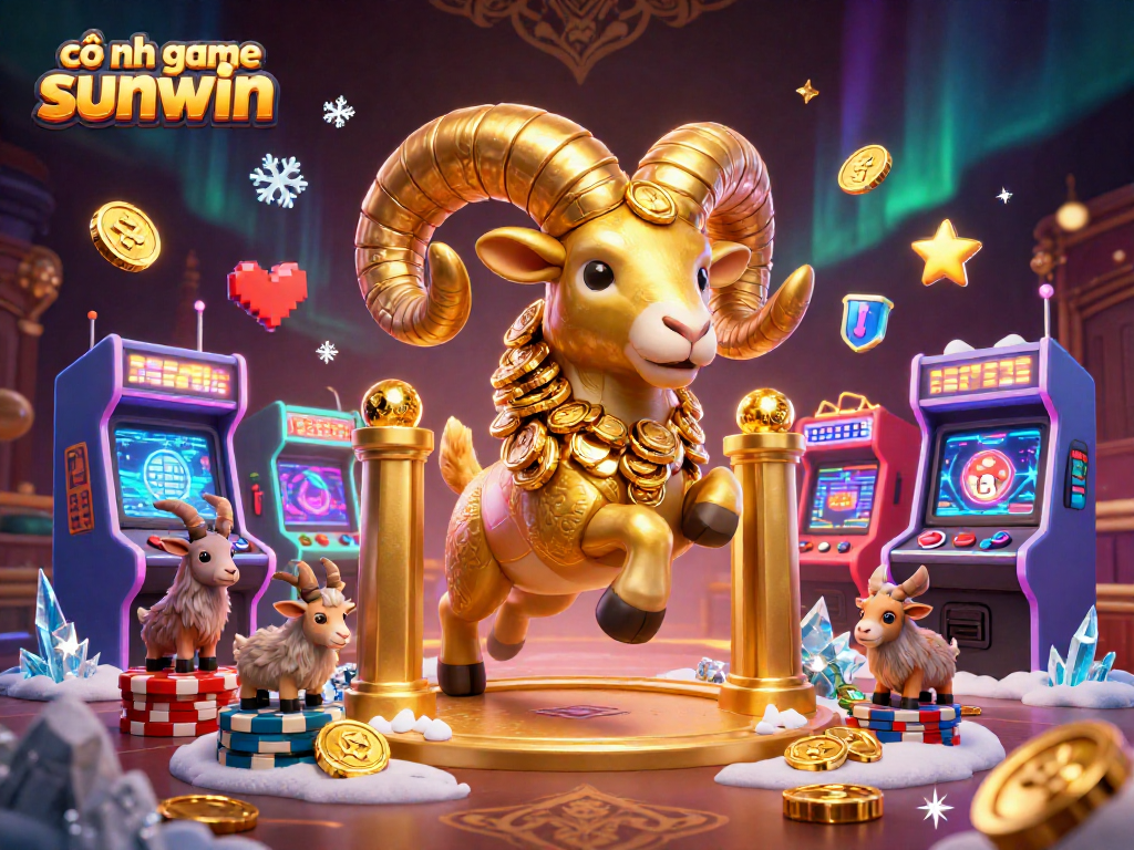 Cổng game sunwin features a golden ram charging through a casino scene filled with vibrant game elements.