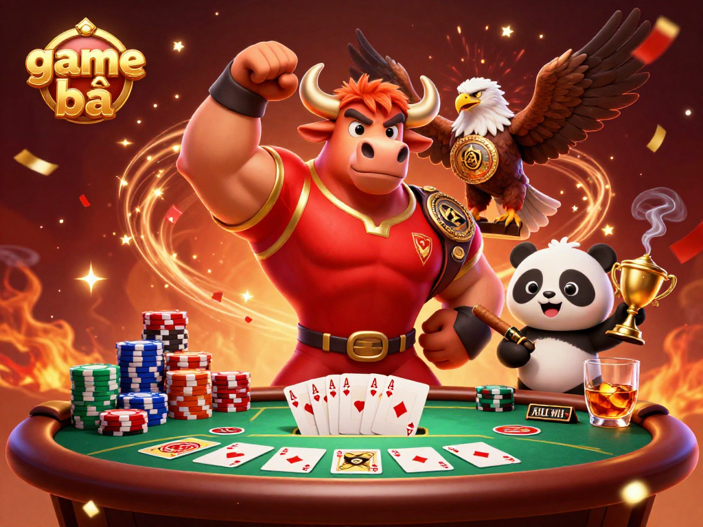 Engage in thrilling game bài action featuring a muscular bull, eagle, and panda! Celebrate winning moments!