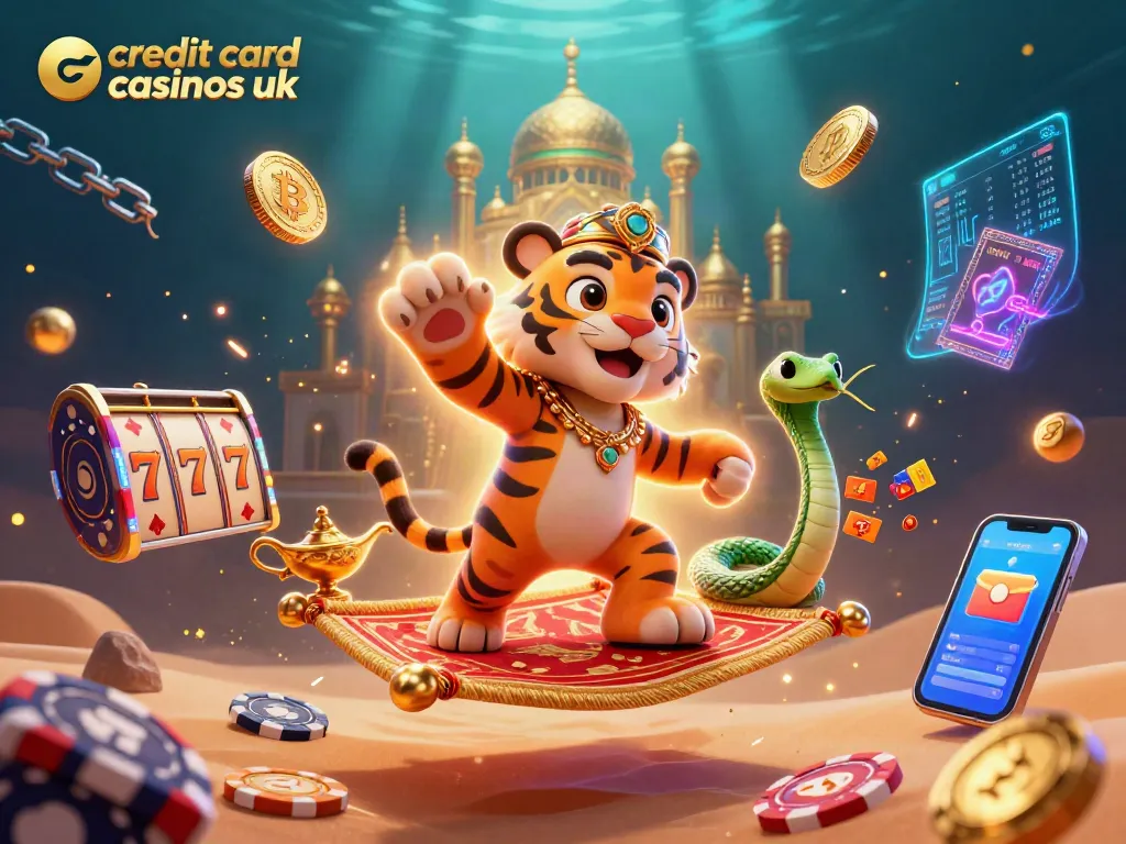 Engage with credit card casinos uk through vibrant 3D illustration showcasing a magical sultan and casino elements.