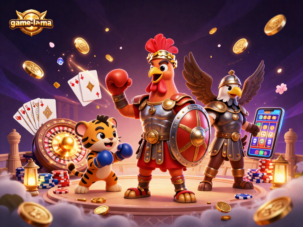 Experience the thrill of game-la-ma as a gladiator rooster battles with vibrant casino elements.