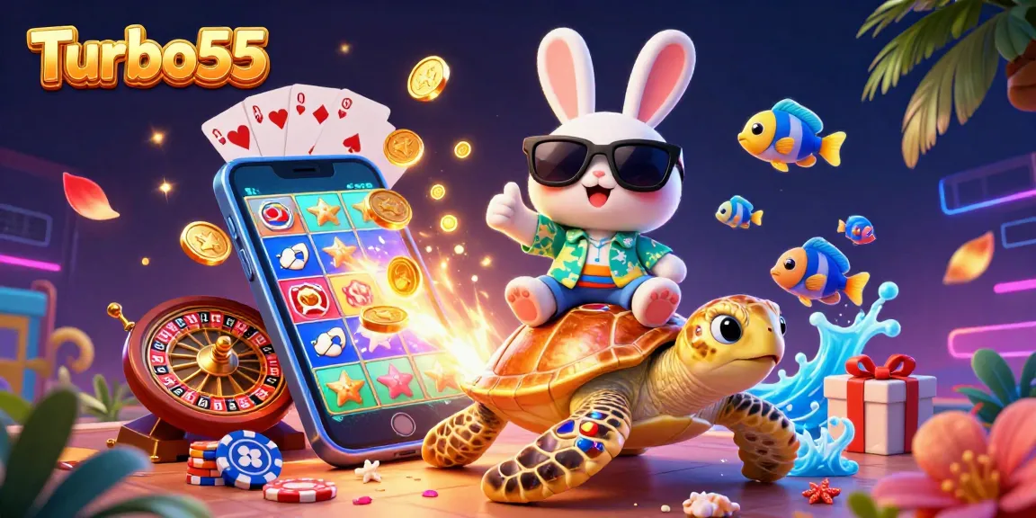 Spin to win on Turbo55 with vibrant gaming elements and lucky rabbit character.