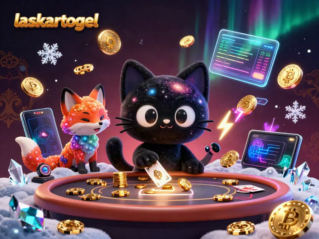 Experience the excitement of laskartogel with a cosmic cat and fox at a casino table, swirling with digital energy and tokens.