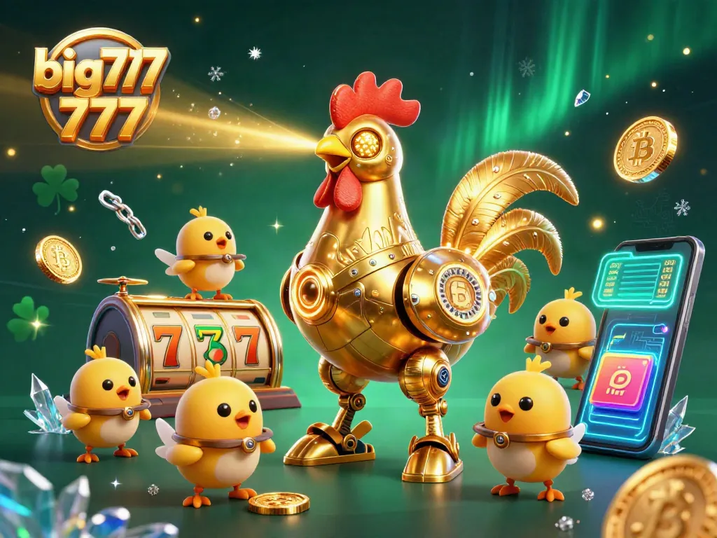 Engage in thrilling adventures with big777 as the golden rooster robot leads baby chick drones in a vibrant casino world.
