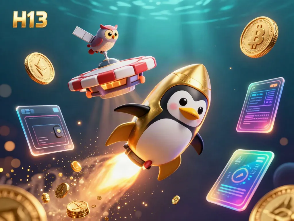 Experience thrilling gambling excitement with H13, showcasing a golden penguin and dazzling casino elements.
