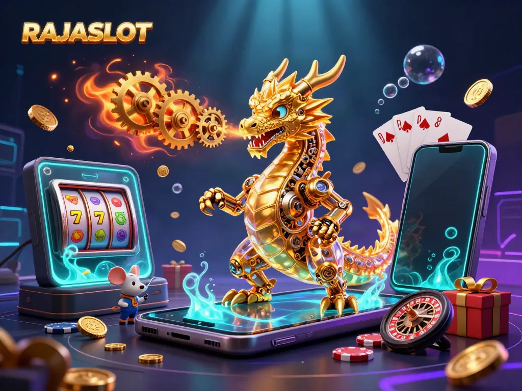 RAJASLOT menawarkan pengalaman bermain slot yang menarik dengan ilustrasi naga emas dan simbol keberuntungan.