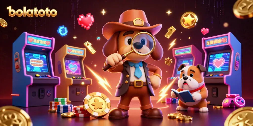 Engage with bolatoto's thrilling gameplay as a detective uncovers a poker clue in a vibrant casino scene.