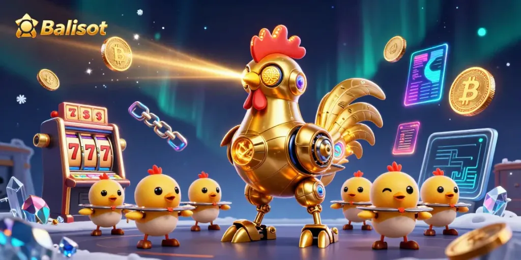 Balislot's vibrant 3D cartoon illustration showcases a golden rooster robot surrounded by jackpot elements.