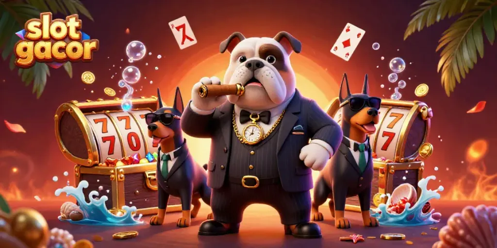 Immerse in slot gacor excitement with a mafia boss bulldog and his bodyguards amidst a treasure-filled casino scene.