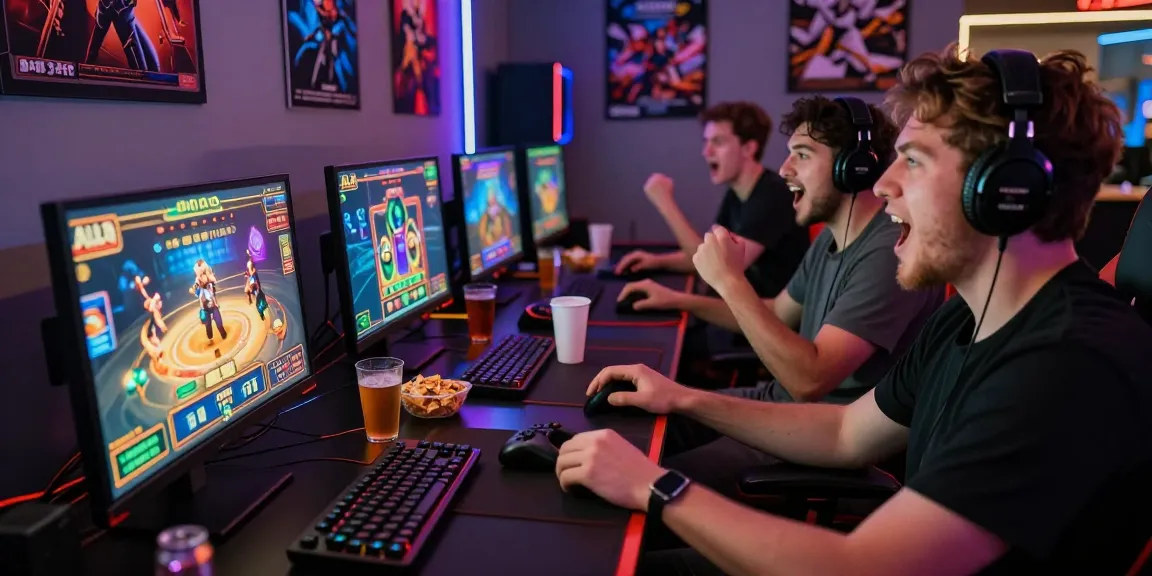 Friends experiencing the excitement of ALO8 casino gaming in a lively home setting, showcasing vibrant graphics and an immersive atmosphere.