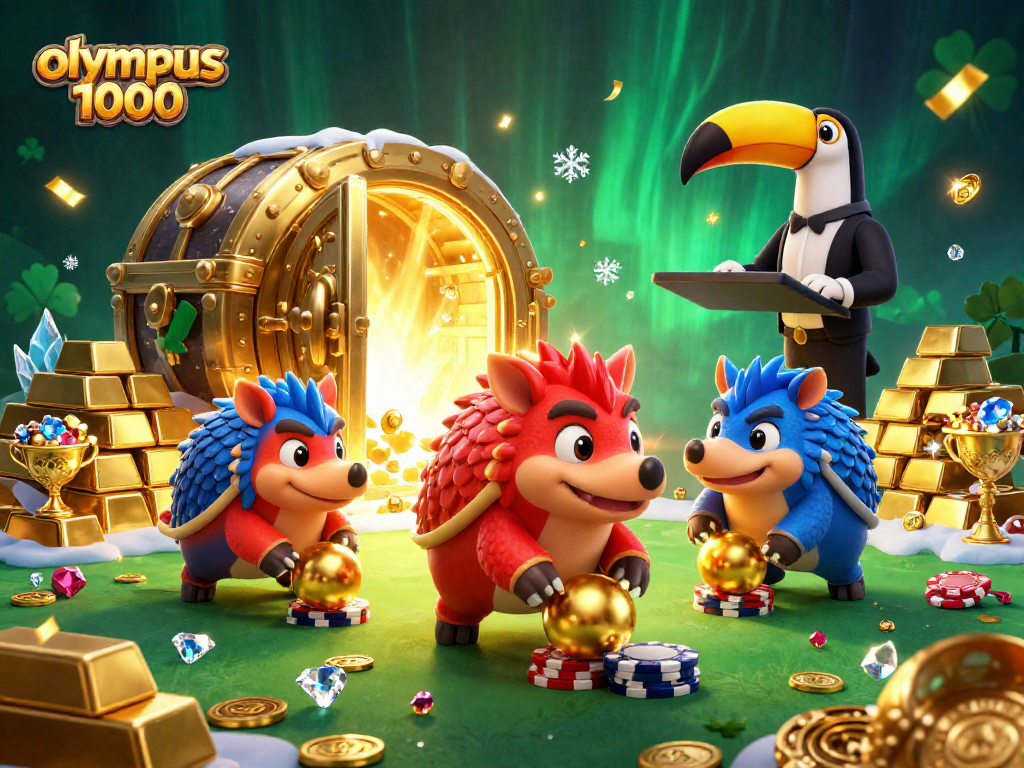Mainkan slot Olympus 1000 dengan meriah, menampilkan pangolin bersaing dalam membawa bola emas.