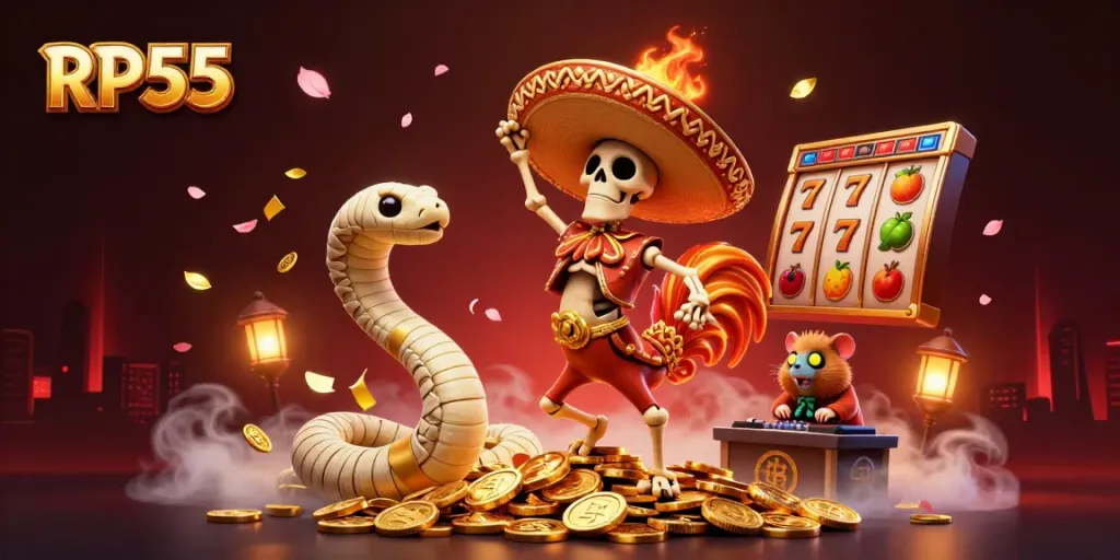 Experience the thrilling victory dance of RP55 with dynamic casino elements, golden coins, and festive characters.