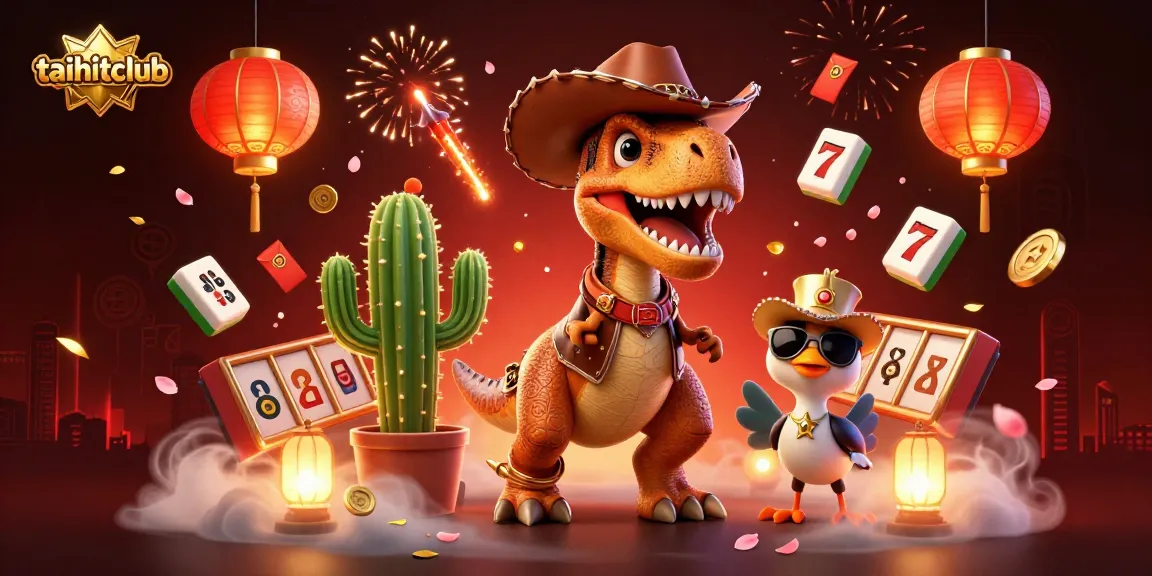 Experience fun with taihitclub where a T-Rex cowboy offers exciting slot game action in a vibrant casino scene.