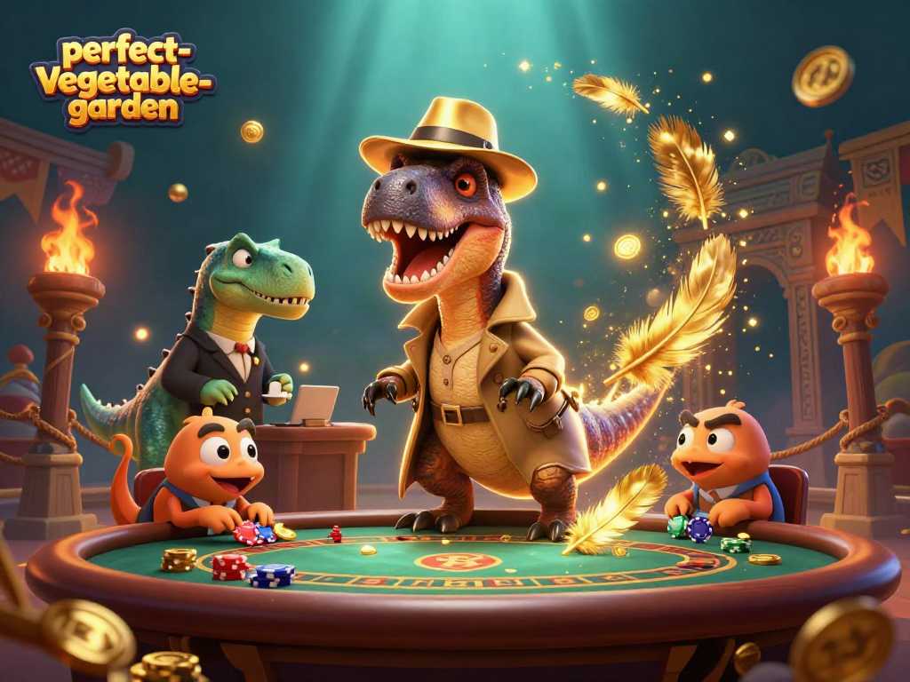 perfect-vegetable-garden showcases a velociraptor card counter amidst rich casino elements