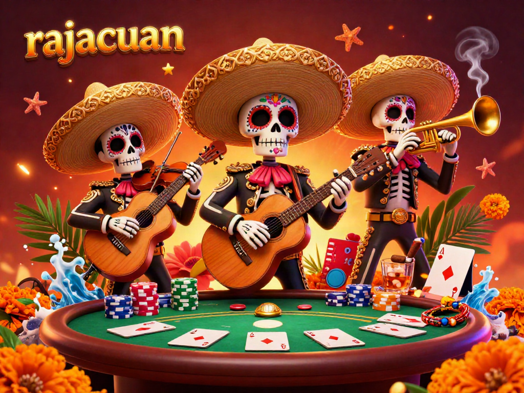 Engage with the vibrant rajacuan-themed Day of the Dead mariachi casino scene featuring poker elements and festive details.