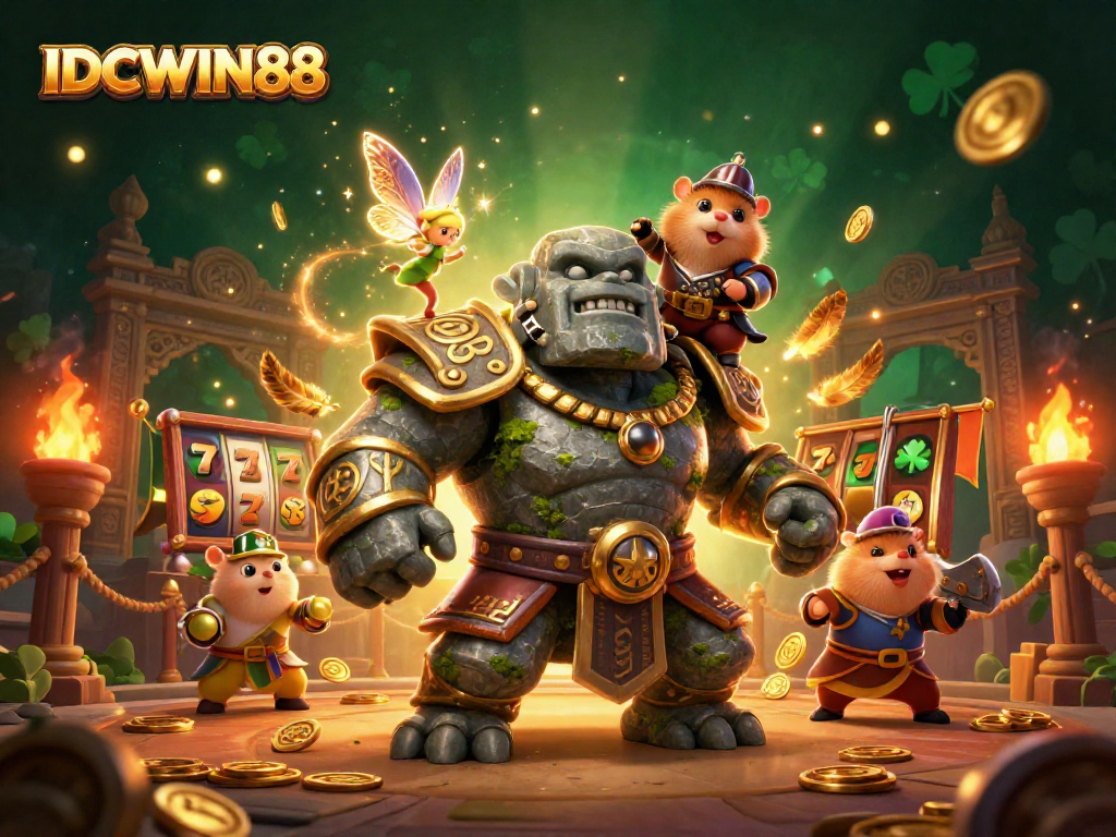 Experience thrilling wins with IDCWIN88 in this vibrant 3D casino scene showcasing magical characters and captivating slot elements.