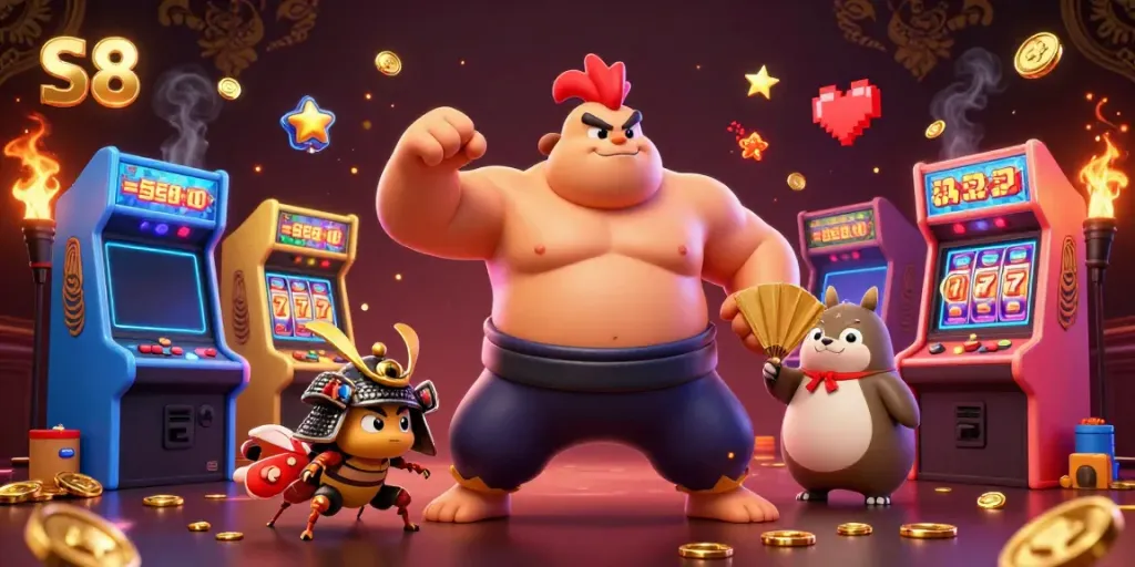 Experience thrilling gameplay at S8 with a sumo wrestler, samurai cricket, and tanuki announcer.