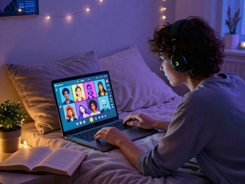 Dynamic scene of ai porn chat featuring a user engaged in lively virtual interaction with colorful animated characters and cozy bedroom setting.
