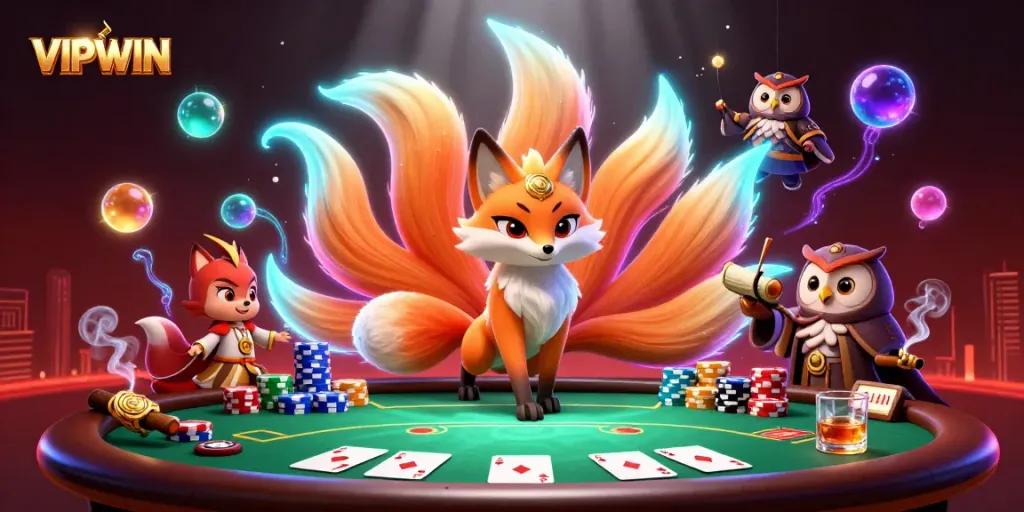 Boost your VIPWIN experience with colorful characters amidst a vibrant poker scene.