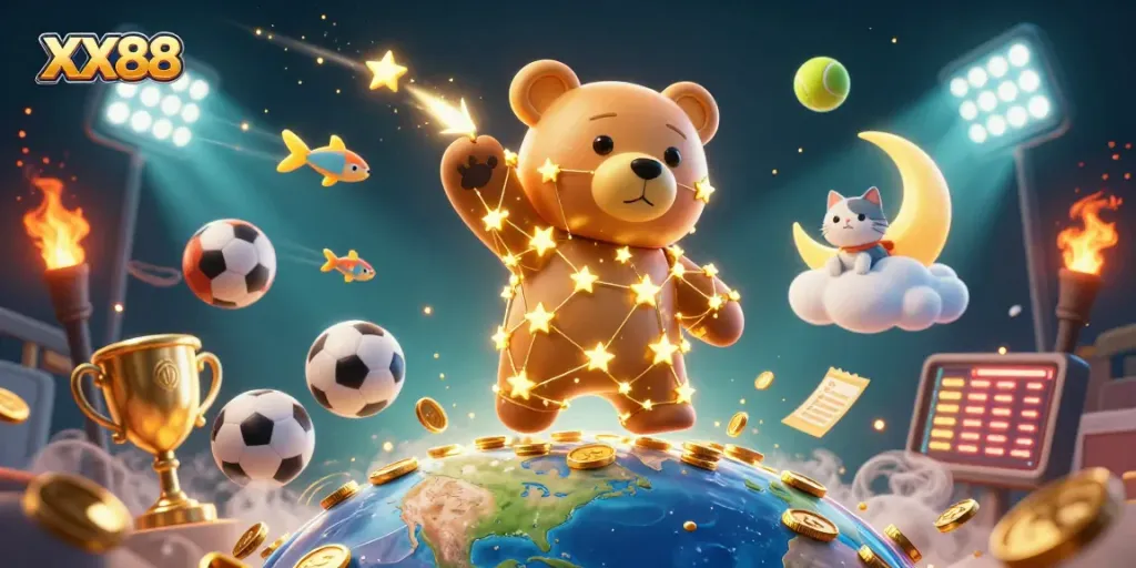 Engage with XX88 through an exciting 3D casino world featuring dynamic sports elements and a celestial theme.