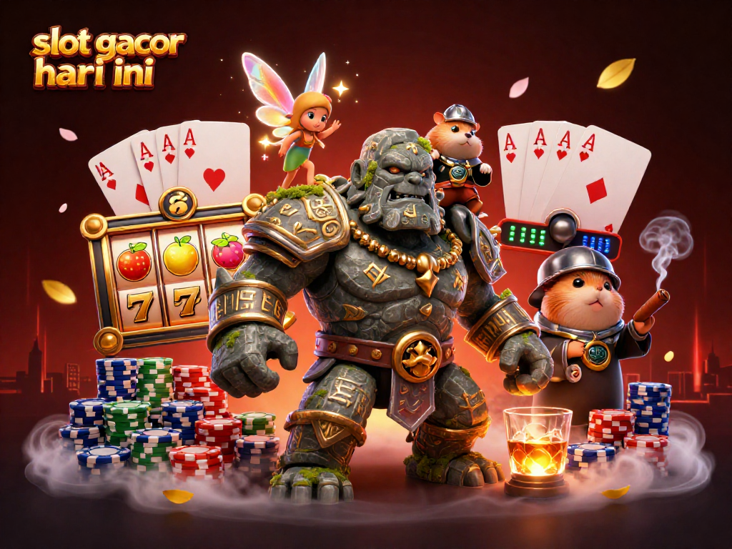 Gambarkan slot gacor hari ini dengan golem hidup, peri sihir, dan hamster kesatria dalam suasana kasino.