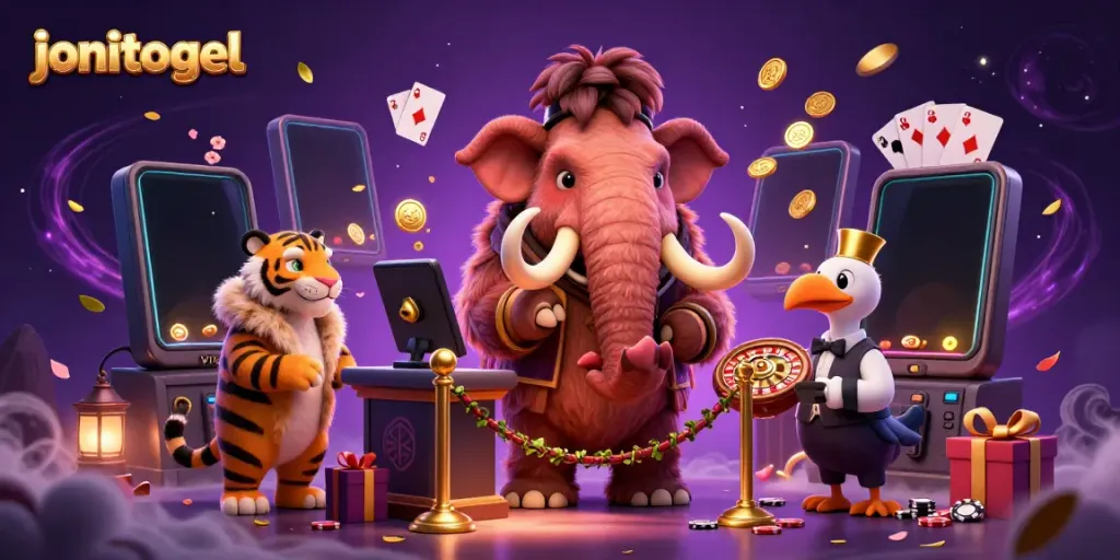 Experience the excitement of jonitogel with a vibrant casino scene featuring characters and gaming elements.